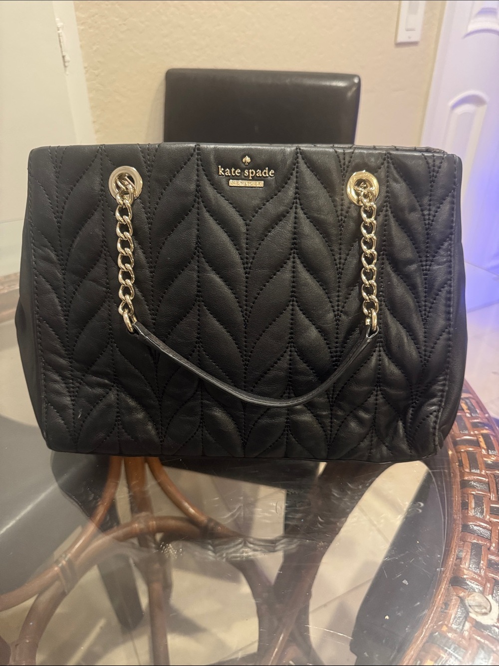 kate spade Black Quilted Leather Shoulder Bag with Gold Chain Handles